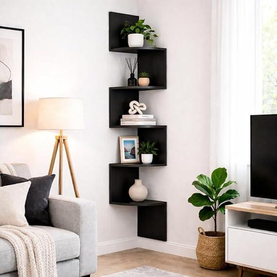 5 Tier Corner Shelves for Wall Floating Shelf Corner Unit for Living Room Hanging Bookshelf Black Shelves Display Wooden Spiral Shelving Rack
