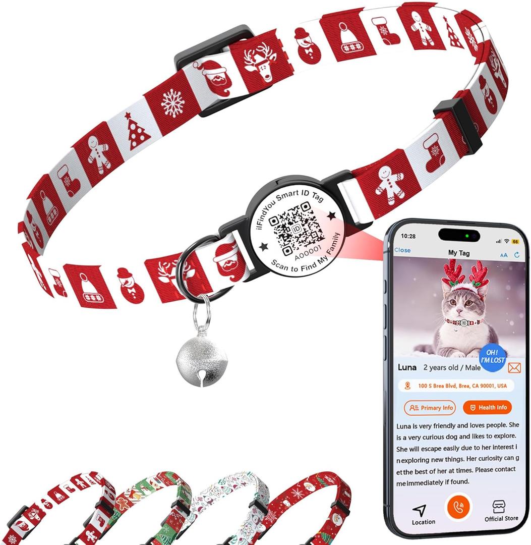 3 x Christmas Cat Collar Breakaway with Bells, Xmas Patterns Kitten Collar with Qr Code Cat Tag Christmas Checkered (1Pack)