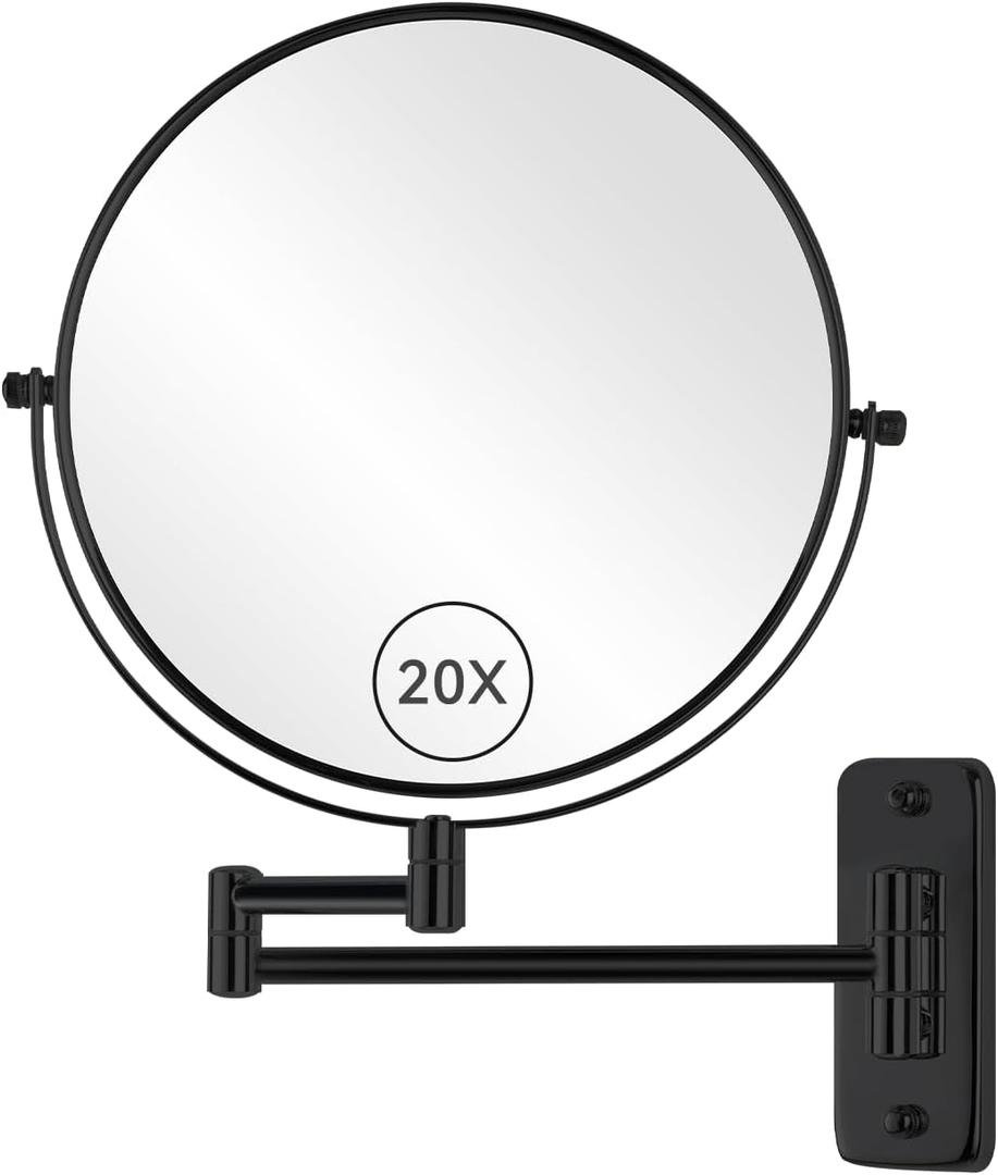 8 Wall Mount Makeup Mirror with 20X Strong Magnification, Double Sided Shaving Mirror Wall Mounted for Bathroom, 360Swivel Extendable Vanity Mirror with Adjustable Arm for Daily Use, Black