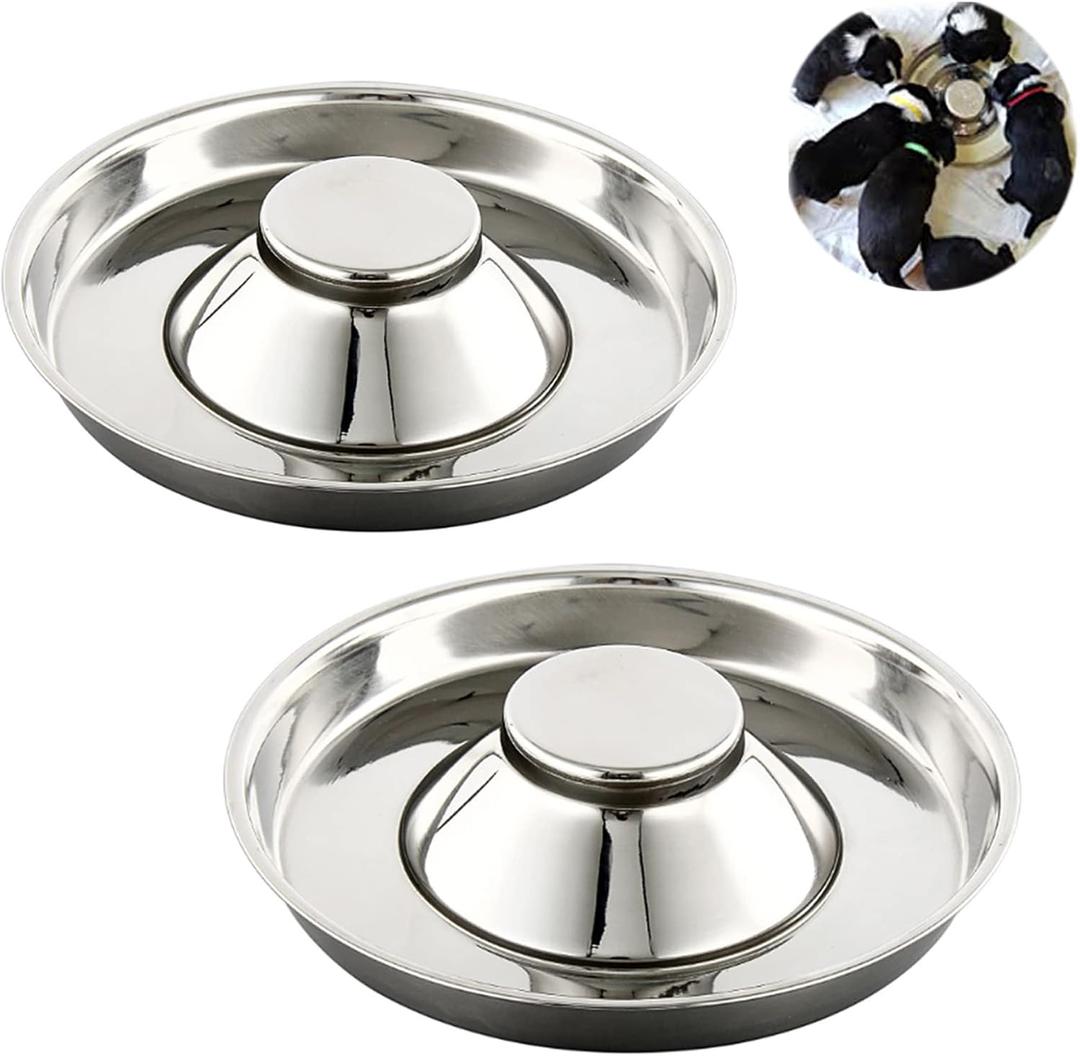 YUDANSI Stainless Steel Puppy Weaning Bowls, Cat Bowls for Food Water, Multiple Puppies Feeder Whelping Dishes, Litter Feeding Station Pans for Small Dogs Cats Eating at Same Time-Small Medium Large Size (10.2in-2pcs)
