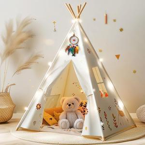 Teepee Tent for Kids with Lights, Kids Play Tent Indoor with Thicked Mat & Dream Catcher, Toddler Tent with Storage Pockets and Mesh Window for Reading Nook and Imaginative Games