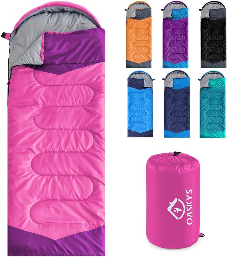 oaskys Camping Sleeping Bag - 3 Season Warm & Cool Weather - Summer Spring Fall Lightweight Waterproof for Adults Kids - Camping Gear Equipment, Traveling, and Outdoors (50-80F Everyday 3 Season - Pink)