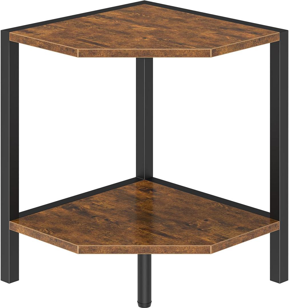 Corner Shelf Stand, 2 Tier Industrial Corner Bookshelf, Multipurpose Standing Corner Display Shelf Countertop Organizer for Living Room Kitchen Bedroom Office, Rustic Brown