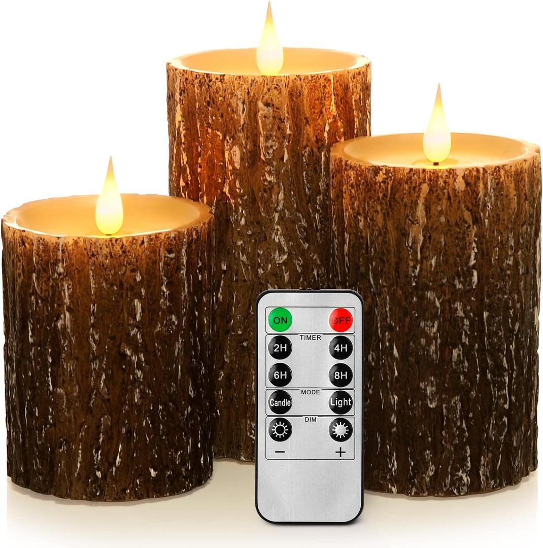 Flameless Candles Battery Operated Pillar Pine Effect Real Wax Flickering 3D Wick Electric LED Decorative Candle Sets with Remote Control Cycling 24 Hours Timer, 4" 5" 6" Pack of 3
