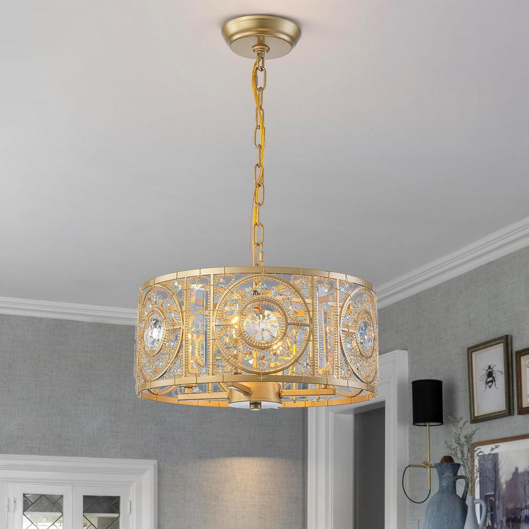 Vintage Crystal Round Chandelier 14.17" Gold Dining Room Chandelier Over Table 4-Lights Classic Drum Pendant Light Fixture for Living Room Kitchen Island Entryway.