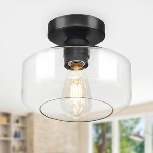 Industrial Semi Flush Mount Ceiling Light: Black Kitchen Lighting Fixtures Ceiling with Clear Glass - Vintage Hallway Light Fixtures E26 Bulb Included - 8.46 Light Fixtures Mount for Foyer