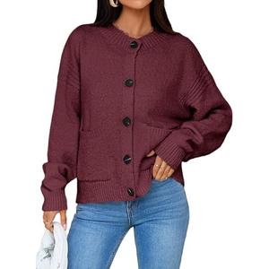 Saodimallsu Womens Button Up Cardigans Fall Crew Neck Fuzzy Knit Long Sleeve Cropped Sweater Jacket with Pockets (Medium)