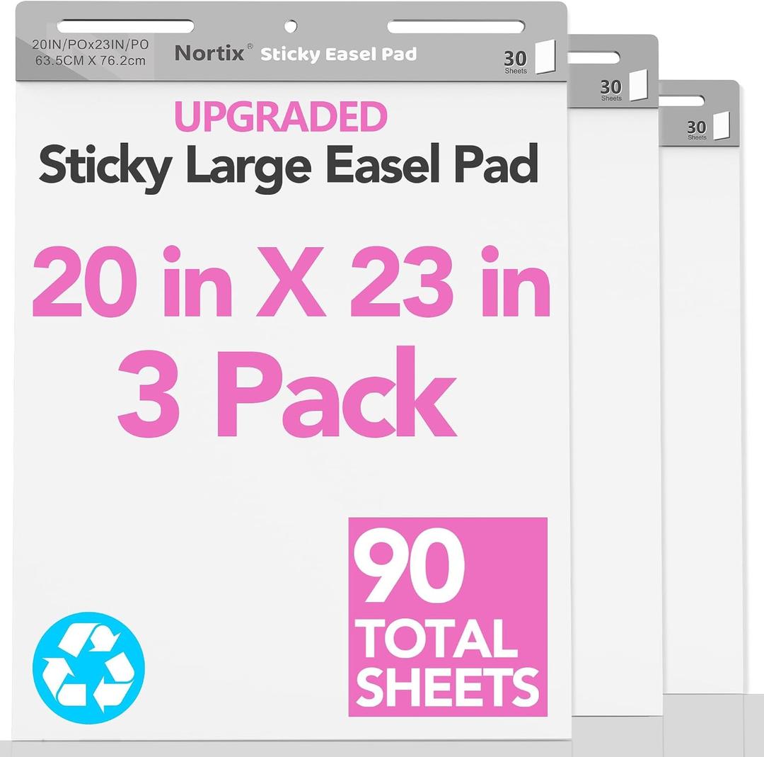 Nortix Sticky Easel Pads, Flip Chart Paper, 20 x 23 inch, 30 Sheets/Pad, 3 Pads, Chart Paper for Teachers,Super Adhesive & Bleed-Resistant, Large Self-Stick Easel Paper for Classroom/Office/Home