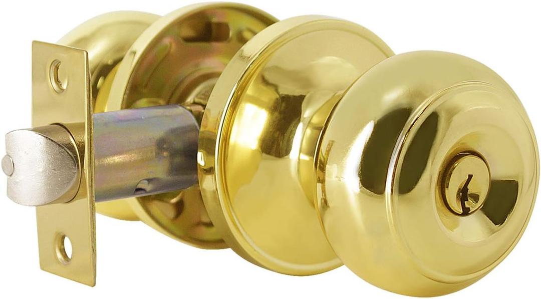 Probrico Keyed Entry Door Knob with Lock, Polished Brass Flat Ball Entrance Door Lockset for Exterior/Interior Front or Back Doors, 1 Pack