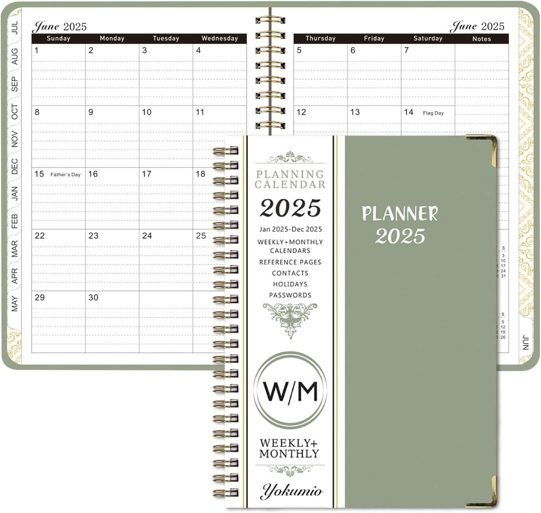 2 x Academic 2025 Planner, Jan 2025-Dec 2025 weekly and monthly, A5 (6.2'' x 8.5") - 12 Months, With Tabs, Metal Cladding Round Corners, for Office School Teacher College Student Women, Green