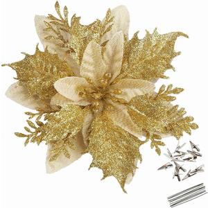 GREENTIME 12 Pcs Glitter Poinsettia 5.5" Artificial Flowers Christmas with Clips Stems Xmas Tree Ornaments for New Year Party Stairs Fireplace Porch Balcony Garden Church Wreath Decoration (Golden)