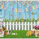 Fabric 7x5ft Spring Easter Photography Backdrop Blue Wooden Wall Colorful Eggs Rabbit Grass Bunny Floral Background Kids Party Decoration Photo Banner Booth