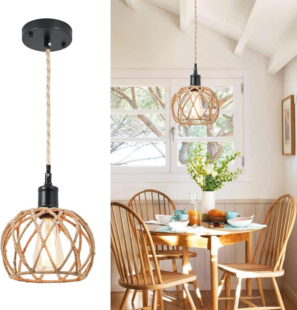 Boho Rustic Industrial Woven Pendant Light, Hand-Woven Rattan Hemp Rope Mini Cage Hanging Lamp, Adjustable Height, Farmhouse Retro Shade Light Fixtures for Kitchen Island Hallway Living Room Cafe Bar