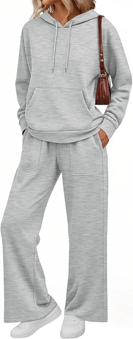 AUTOMET Womens 2 Piece Outfits Sweatsuits Lounge Matching Fall Sets Jogging Suit Oversized Hoodie Wide Leg Sweatpant Clothes Grey L