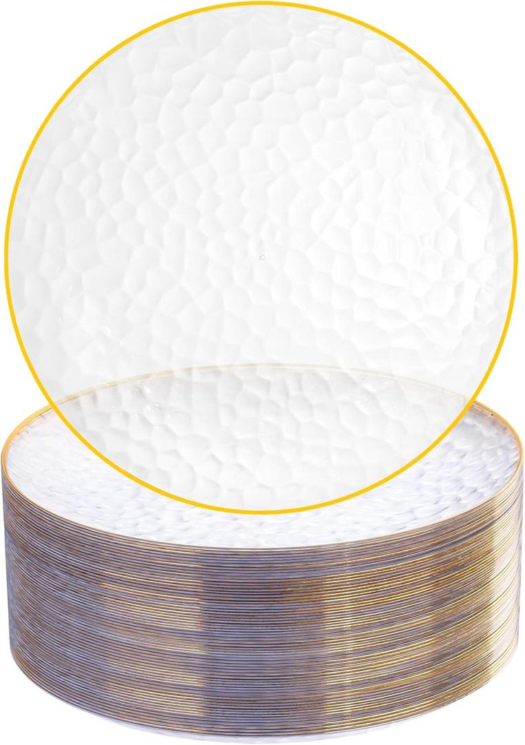 Rubtlamp 60 Pcs Clear Plastic Dessert Plates, Hammered Party Plates, Disposable Heavy Duty Salad/Dessert Platos,Clear Party Platos, Gold Plastic Appetizer Platos Disposable For All Occasions