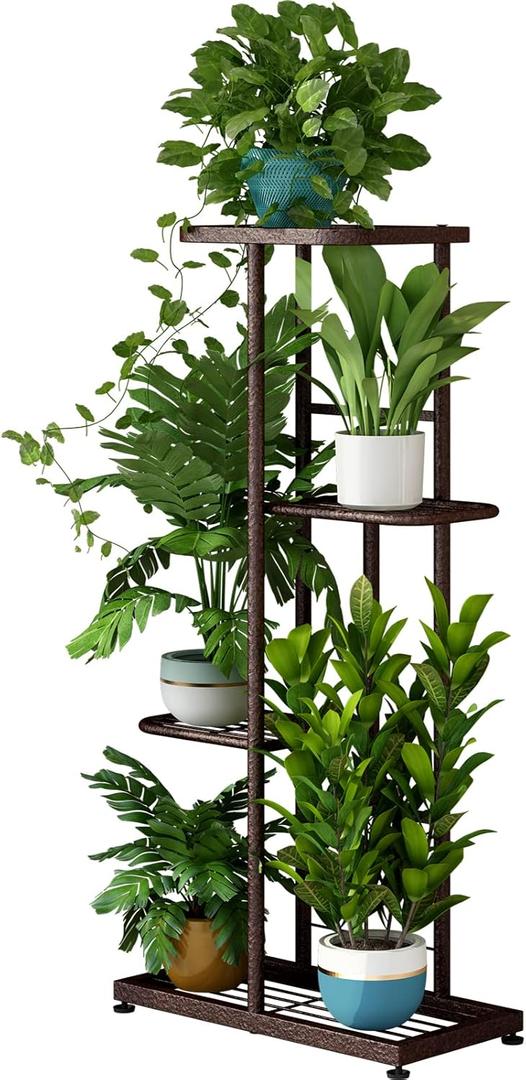 LINZINAR Plant Stand Metal 4 Tier 5 Potted Multiple Flower Pot Holder Shelf Indoor Outdoor Planter Display Shelving Unit for Patio Garden Corner Balcony Living Room (4 Tier 5 Potted, Bronze)