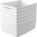 Curver Set of 6 Medium 12L Jute Decorative Plastic Organization and Storage Baskets - Perfect Bins for Home Office, Closet Shelves, Kitchen Pantry and All Bedroom Essentials, White