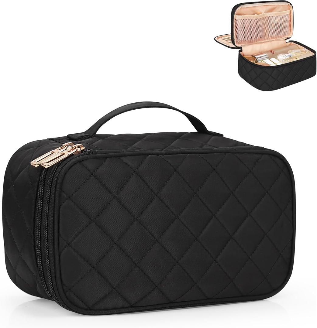 Relavel Makeup Bag, Small Makeup Bag for Women, Travel Cosmetic Bag, 2 Layers Waterproof Makeup Organizer Storage with Makeup Brush Holder, Black (MEDIUM)
