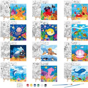 Tenceur 12 Sets Pre Drawn Canvas to Paint Kid Adult Stretched Coloring Painting Canvas Panels with Design Easel and Brushes for Party Supplies Beginner Favor(Sea Animal)