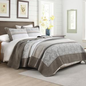 KALOOLA 100% Cotton Quilt King Size - Lightweight Quilted Bedding Set 3 Pcs, Farmhouse Printed Striped Bedspread with 2 Pillow Shams, Modern Bed Coverlet for All Season, Dark Brown/Charcoal/Beige