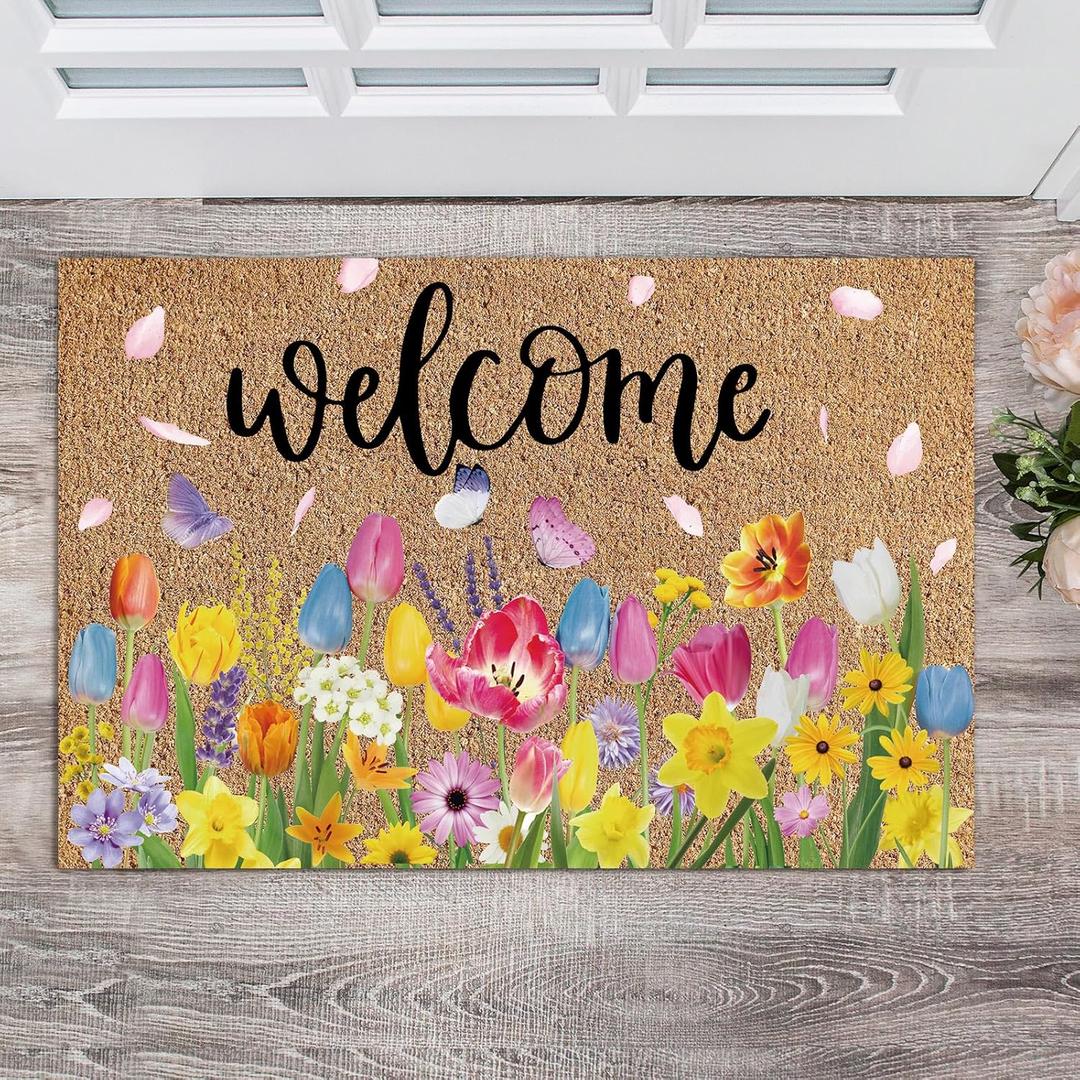 Ceenna Summer 4th of July Natural Coir Door Mat Outdoor Patriotic Rug Summer Welcome Doormat Independence Day Non-Slip Mat for Front Porch Entryway Outside, 16 x 28 Inches(Wildflower)