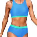 Tempt Me Women High Waisted Bikini Two Piece Swimsuits High Neck Crop Top Racerback Sporty Bathing Suits for Teen Girls (X-Small, Blue Green)