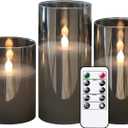 GenSwin Gray Glass Battery Operated Flameless Led Candles with 10-Key Remote and Timer, Real Wax Candles Warm White Flickering Light for Home Decoration(Set of 3)