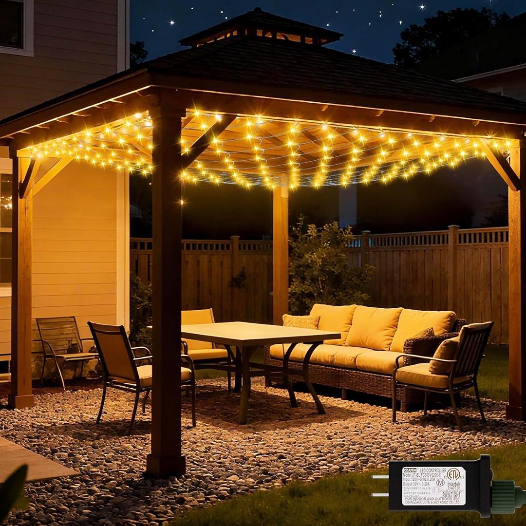 LitHome 10 x 10FT Net Lights Outdoor, 8 Modes Gazebo Net Lights Waterproof, 200 LED Christmas Mesh Light with Timer, Warm White Mesh Light Connectable Plug in for Bushes, Patio, Pergolas, Garden Decor