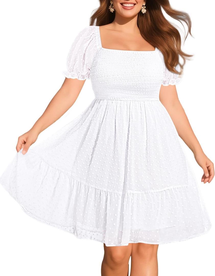 Women Plus Size Square Neck Puff Sleeve Babydoll Summer Chiffon Swiss Dot Flowy Short Smocked Dress, Size 20Plus, White