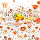452 Pcs Party Supplies Serve 50 Guests, Paper Plates Napkins Cups Cutlery Plastic Tablecloth Dinnerware for Birthday Wedding Party Decoration(Orange Floral,Fall Floral)