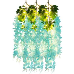 12 Pack Teal Wisteria Hanging Flowers Garland with Lights, 3.77 Feet Artificial Flower Vines, Fake Wisteria, Artificial Vines Hanging Garland for Backdrop Outdoor Patio Garden Decor