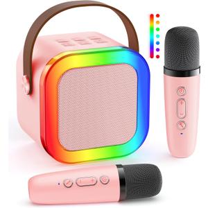 Mini Karaoke Machine: Portable Bluetooth Karaoke Speaker with 2 Wireless Microphones for Family Home Party -Singing Speaker System - Stage-subwoofers (Pink)