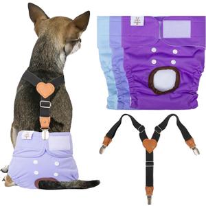 CuteBone Dog Diapers Female 3 Pack Reusable Doggy Diapers with One Suspender for Small Medium Large Dog Period, Small