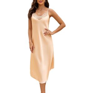 Marvmys Womens Satin Long Nightgown Lace Trim Silk Lingerie Slip Dress Sexy Spaghetti Strap Nightdress Small