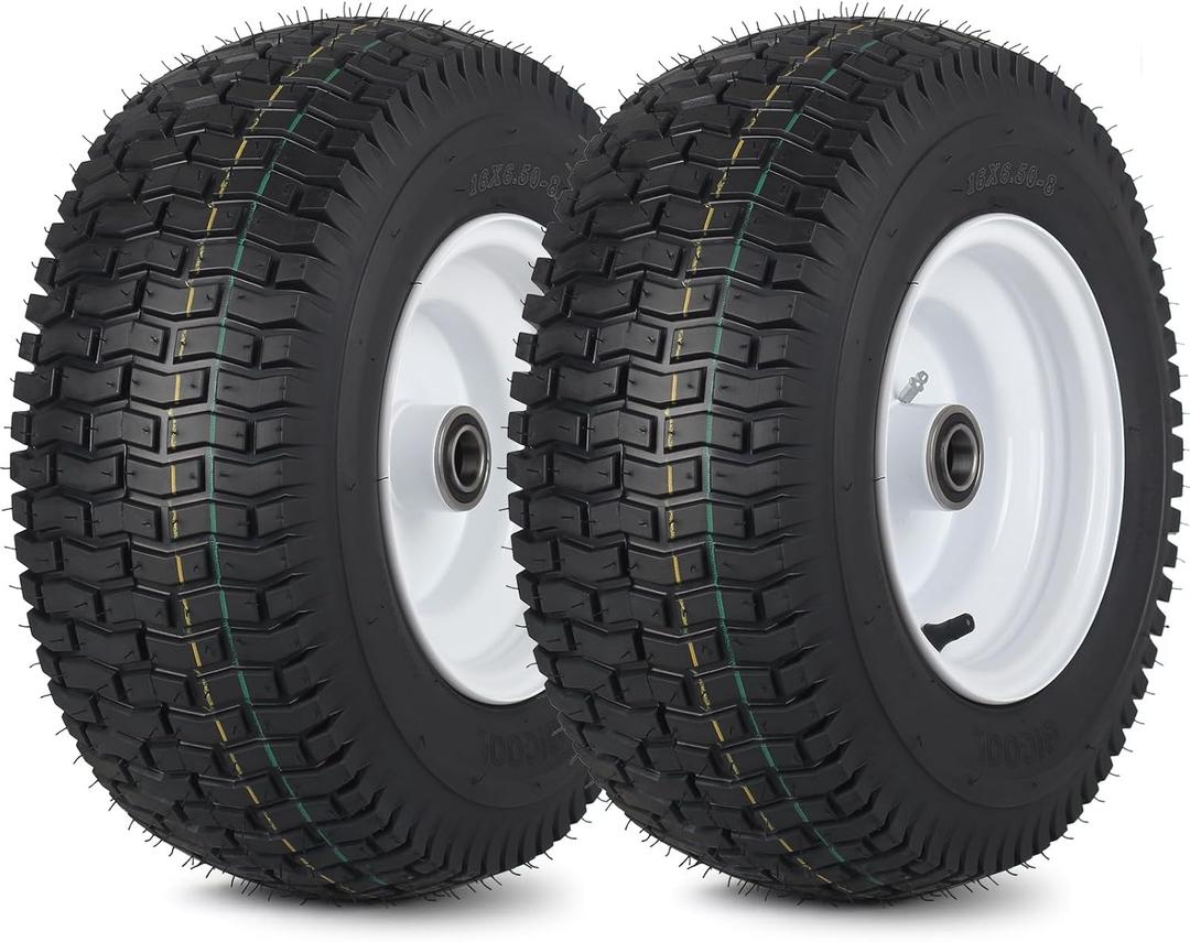 GICOOL 16x6.50-8 Tubeless Tire and Wheel, 1" Bearing, 4" Centered Hub,16x6.5-8" Lawn Mower Tires, Universal Fit Riding Mower and Garden Tractor Front Wheels, 4 Ply, V-Turf Pattern, 2 Pack