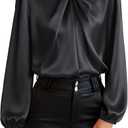 GRACE KARIN Women's Long Sleeve Satin Blouse,Mock Neck Work Silk Shirts,Dressy Tops for Business Casual Office (Black). S Size.