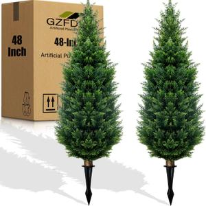 4Ft Artificial Cedar Topiary Trees (2-Pack) - UV Resistant Fake Shrubs with Ground Spike for Outdoor & Indoor Use, Front Porch, Garden Decor
