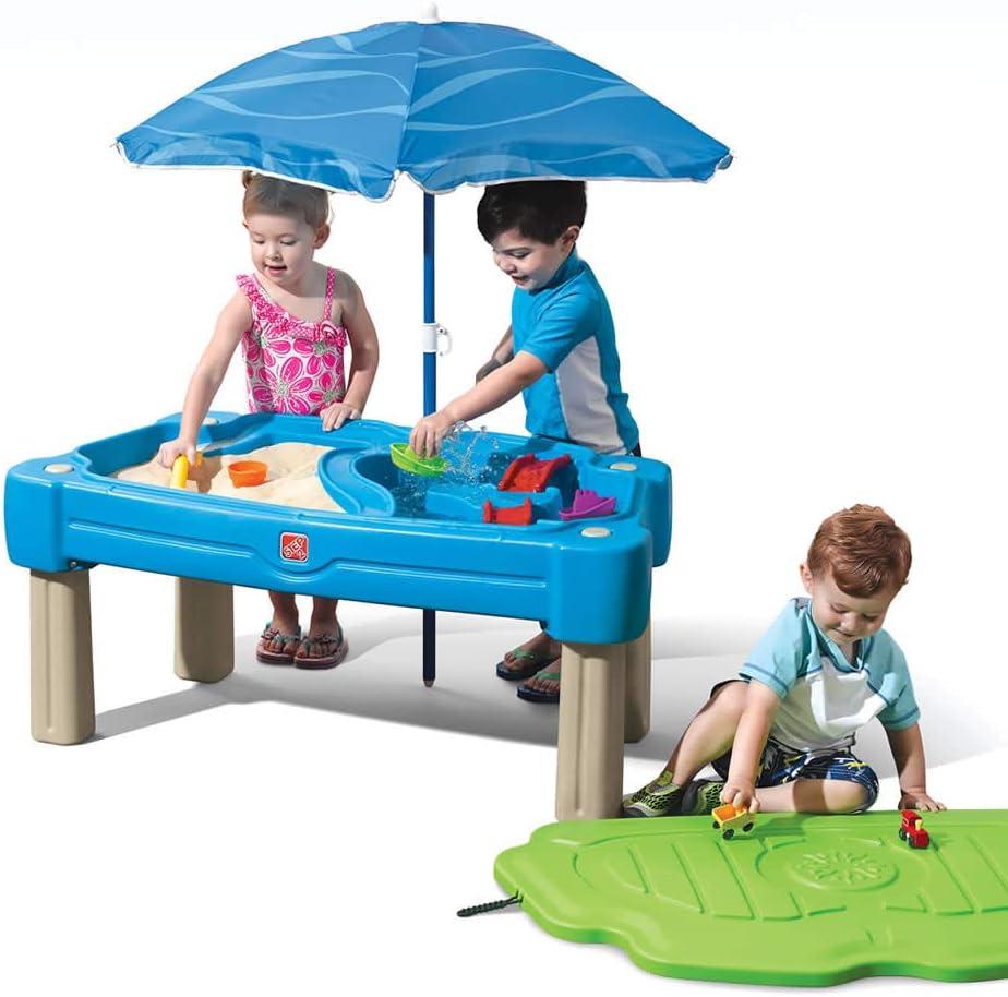 Step2 Cascading Cove Sand and Water Table, Kids Activity Sensory Playset, Comes with Umbrella, Summer Outdoor Toys, 7 Piece Toy Accessories, For Toddlers 1.5+ Years Old (Blue)