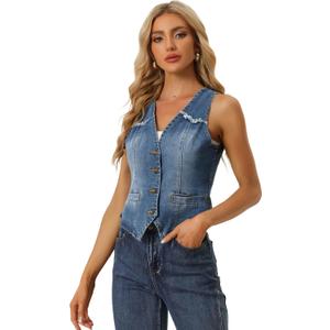 Allegra K Denim Vest for Women's Sleeveless V Neck Washed Distressed Y2K Jean Waistcoat Jacket (Large)