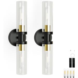 Battery Operated Wall Sconce Set of 2, 8000mAh Black Gold Rechargeable Wall Sconces Set of Two, Dimmable, Remote, 3000K Wll Lights for Living Room, Bedroom (Include 4 Special Bulbs)