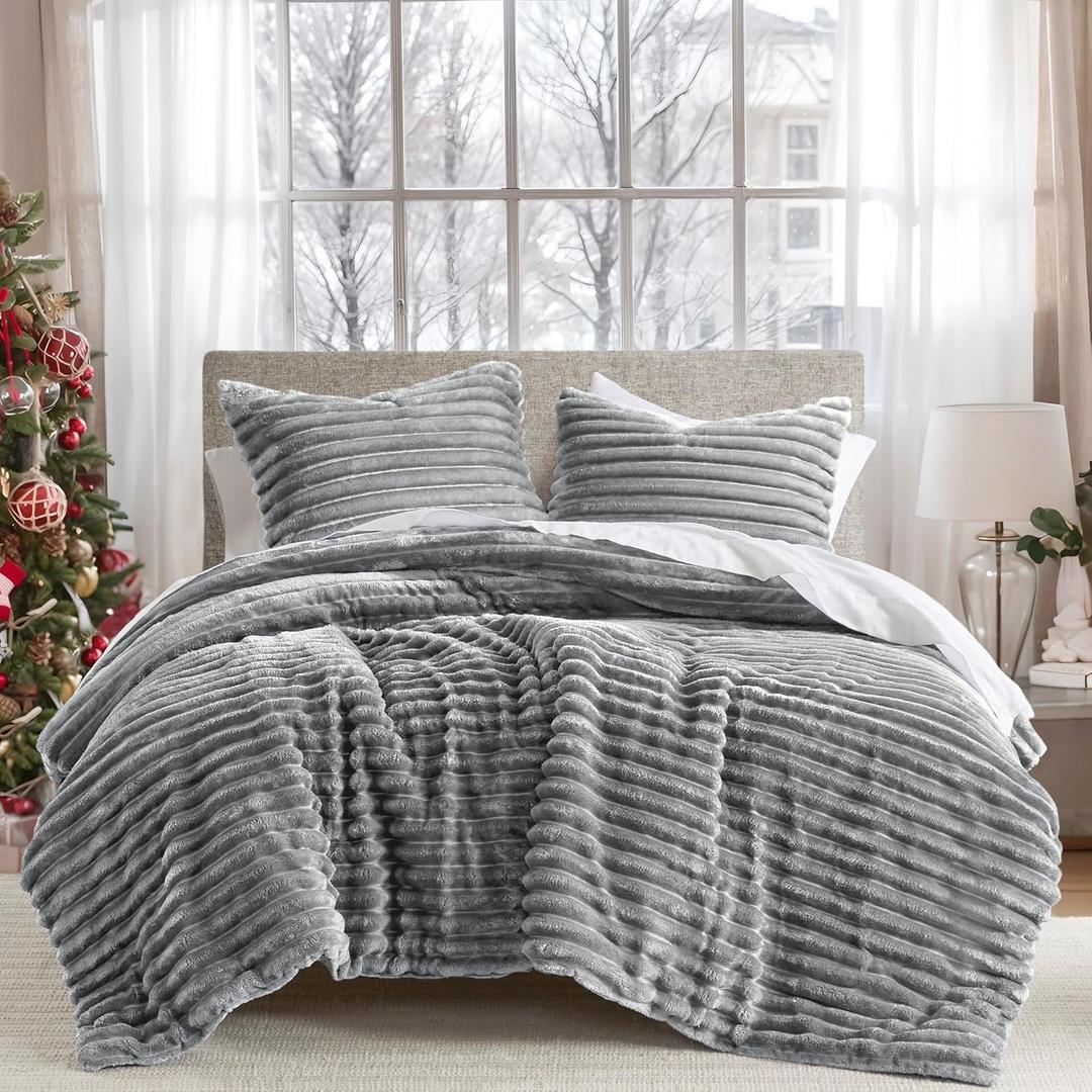 Intelligent Design Twin Comforter Set, Cozy Plush Bedding, Microfiber Reverse, 2 Piece, Lightweight, Super Soft Ribbed Velvet Comforter 1 Sham, All Season Fluffy Bed Set, Avril, Twin/Twin XL Grey