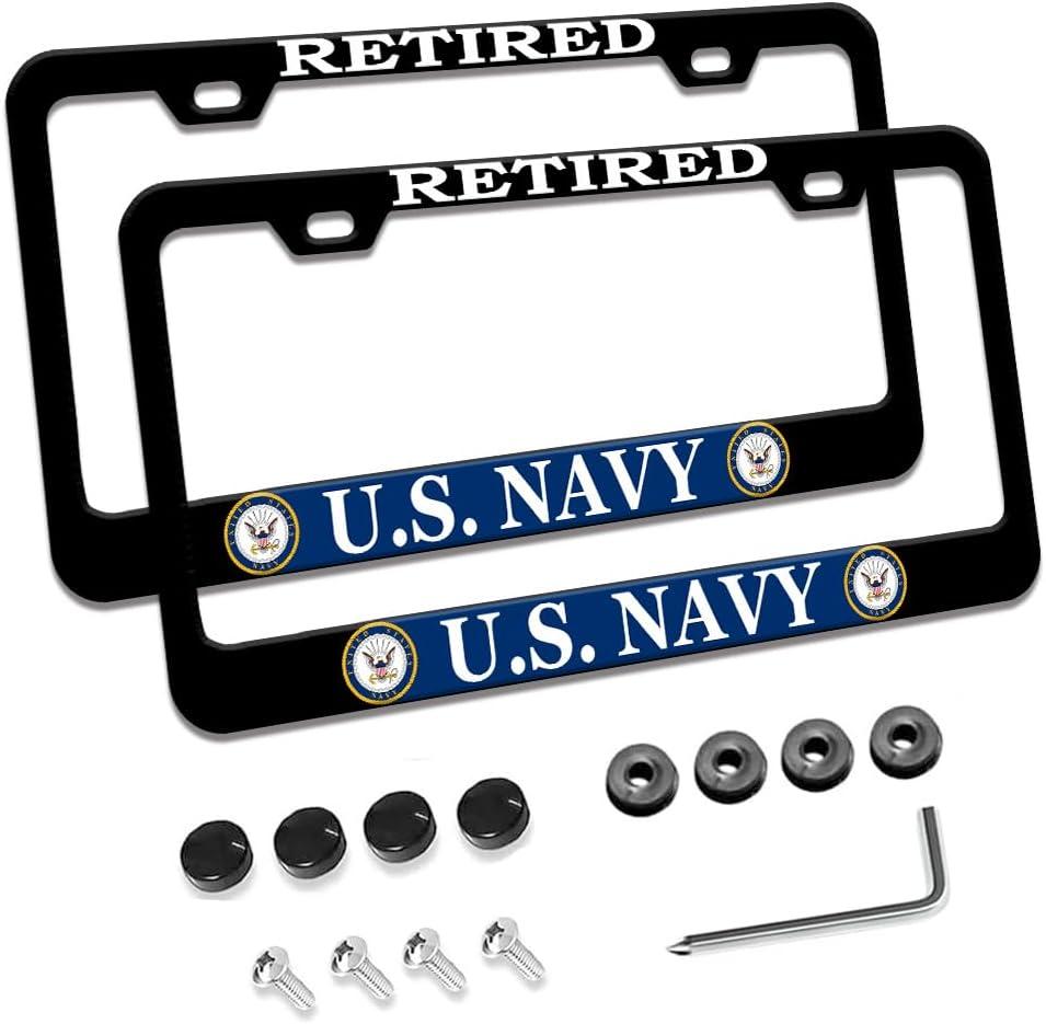 2 Pcs License Plate Frame for Retired US Navy Black Matte Aluminum USN Car Plate Cover Holders with Screw Caps