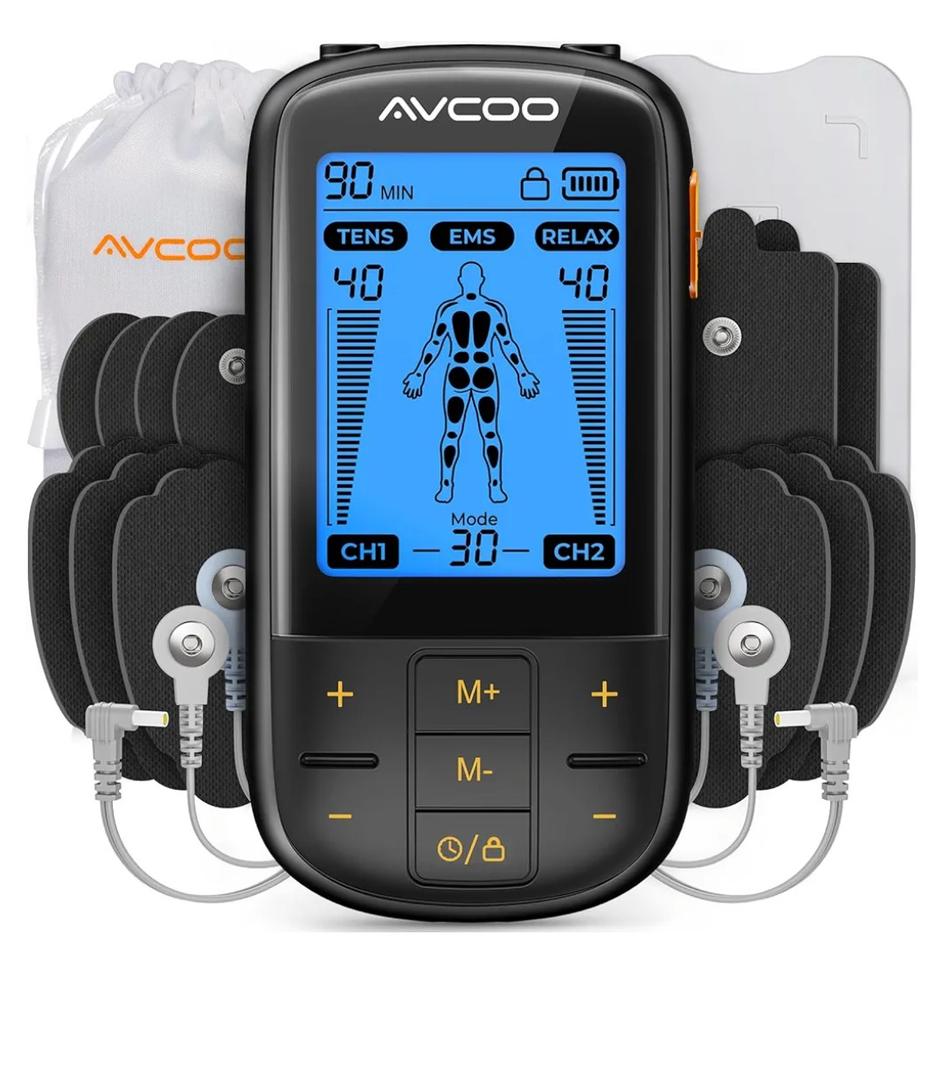 AVCOO 3-in-1 TENS Unit Muscle Stimulator with 30 Modes, 40 Intensities TENS Machine for Gradual Back Pain Relief Therapy, Rechargeable EMS Unit Massager with 12 TENS Electrode Pads, a Storage Bag