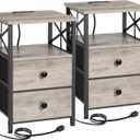 AMHANCIBLE Night Stand Set 2, Nightstand with Charging Station, End Tables Living Room with USB Ports and Outlets, Bedside Tables with Fabric Drawers for Bedroom, Greige HET05XGY