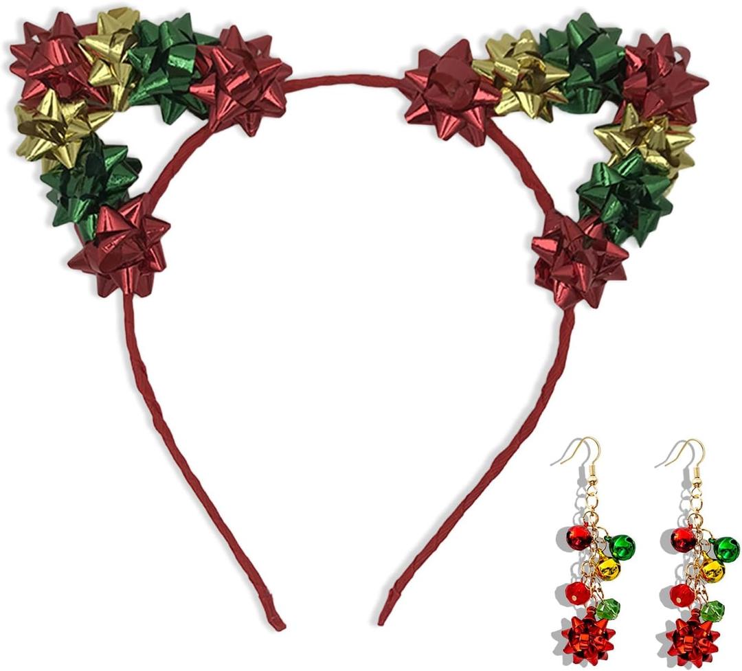 Christmas Cat Ears Headband Set Jingle Bell Earrings for Women, Christmas Ears Headband, Cute Xmas Festive Holiday Hair Accessories for Kids Girls
