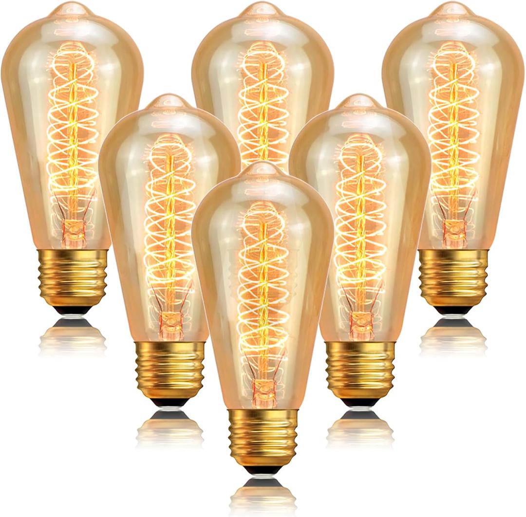 ST64 Incandescent Light Bulbs 110V 40W Edison Bulbs 6 Pack,Amber Vintage 240LM,E26 Base 2200K Dimmable Decorative Antique Wire Wound Incandescent Bulb for Chandelier Pendant Lamps (Spiral Filament)