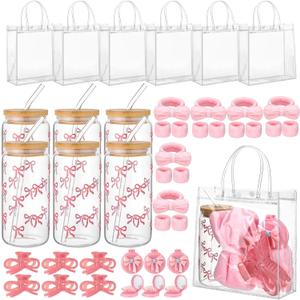 6 Set Pink Bow Baby Shower Game Prize for Winners Hair Band Wrist Bands Coquette Folding Mirror Pink Bow Claw Clips Glass with Transparent Bag for Bridal Shower Wedding Galentine Favors