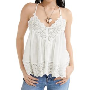 Women Sleeveless Tank Tops Lace Solid Color See Through Spaghetti Strap Cami Shirts V Neck Backless Smocked Tops (Medium, White)