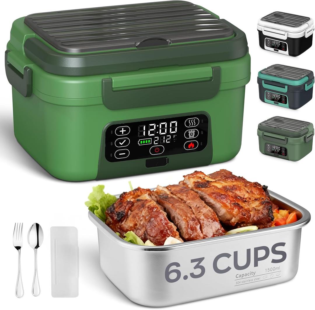 Cordless Electric Lunch Box, 6.3 Cup 100W Heated Lunch Box with 20000mAH Battery Powered for Self Heating, Including Fork Spoon and Insulated Bag for Men Women Adults, BPA Free(Dark Green) (1Pack)