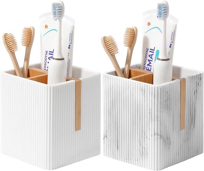 rejomiik Toothbrush Holders for Bathrooms Countertop, 3 Slots Electric Tooth Brushing and Toothpaste Storage Organizer Stand for Toiletries and Beauty Accessories, Marble White